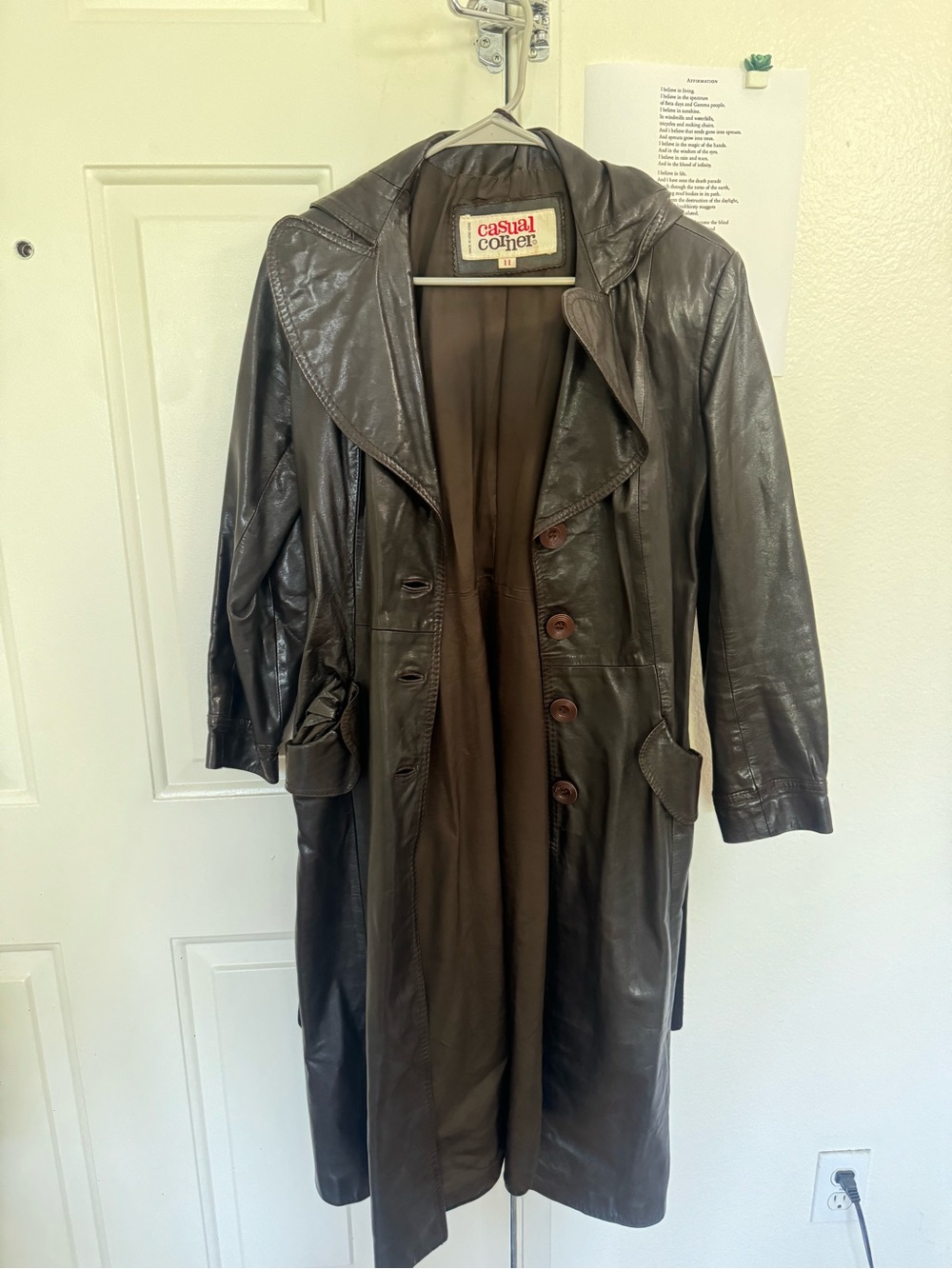 Casual Corner Dark Brown Leather Trench Coat with hood